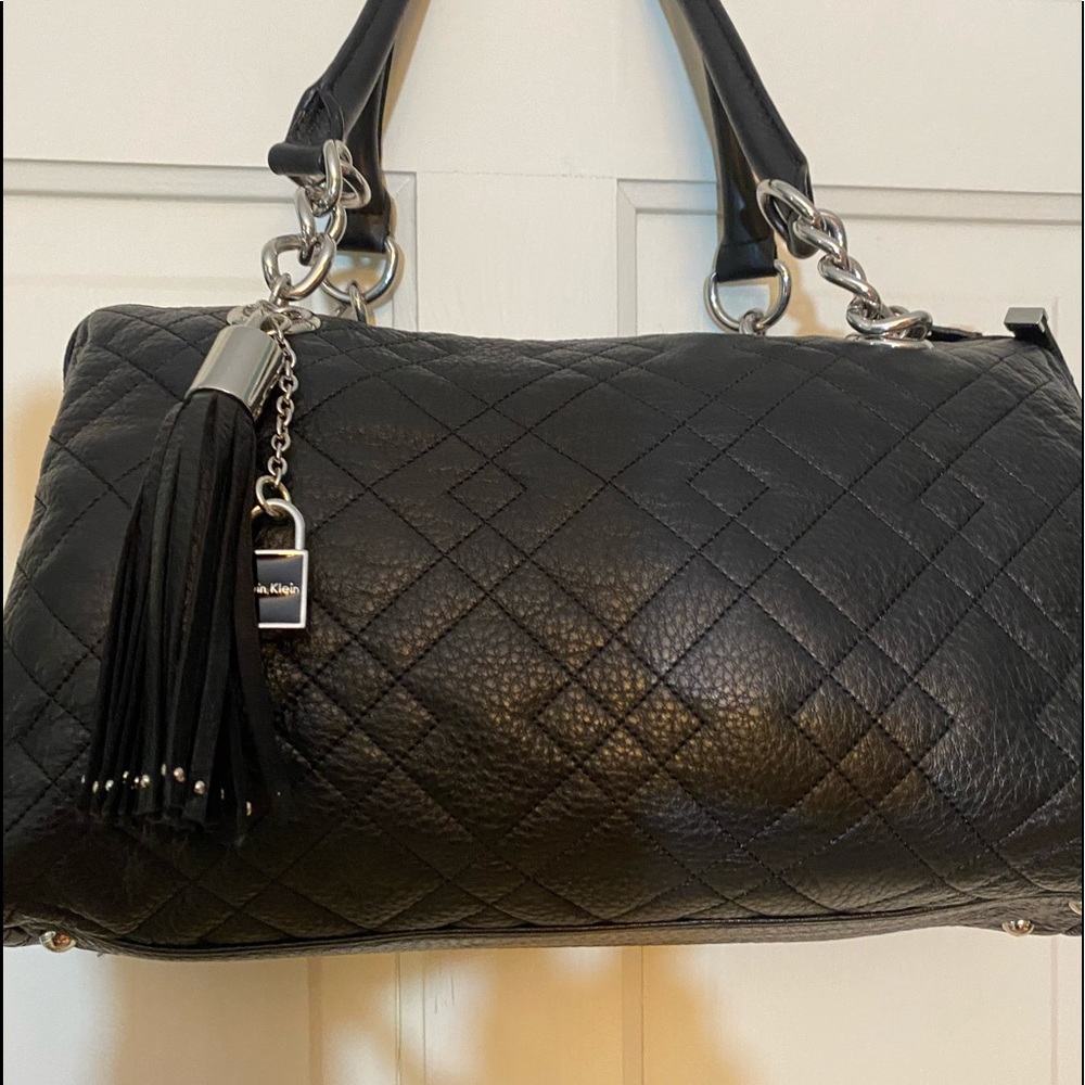 Calvin Klein Black Leather Satchel Silver Trim